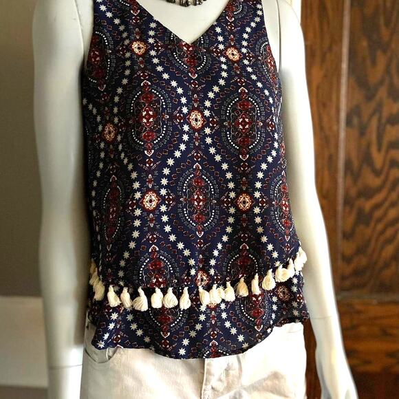 Alya Tops - ALYA Navy Blue Floral Layered V-Neck Top w/Tassels sz X-Small